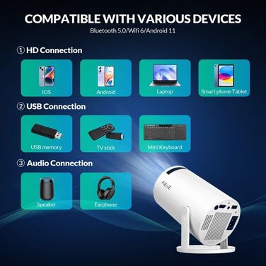 Mini проєктор Smart Beamer: 4K, Android 11, WiFi 6, Bluetooth 5.0, 180° обертання, для Android/iPhone/PC/Mac/Switch (білий)