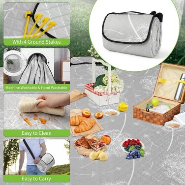 Пікнікова ковдра Aptliton 200x200 см, велика водонепроникна, з 4 кілочками, для кемпінгу, парку, саду, пляжу, машинного прання, складна, сірий молочай