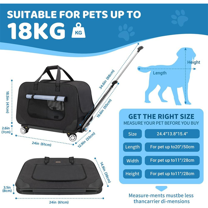 Переносний переноска для тварин з телескопічною ручкою, переноски для собак та котів з колесами (Чорний)
