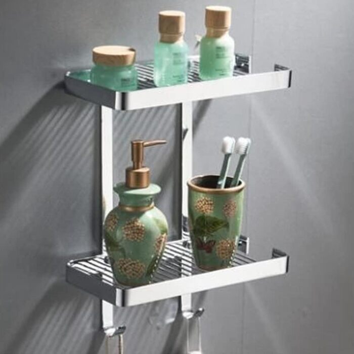 Wall-Mounted Shower Caddy, Bathroom Shelf, Organizer with Soap Dish and Hooks, Rustproof Brass, Storage Shelf for Shampoo and Spice Bottles, Drip Basket, Kitchen Shelves, Black (Double Chrome)