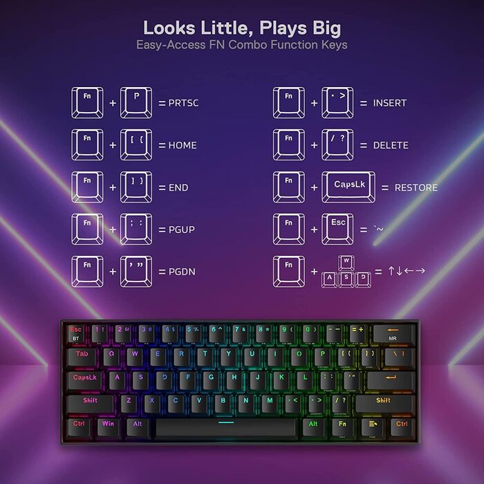 Redragon K530 Pro Draconic - Механічна ігрова клавіатура 60% з RGB-підсвічуванням та brown Tactile перемикачами (61 клавіша, Hot-Swap, для Windows/Mac/Android)