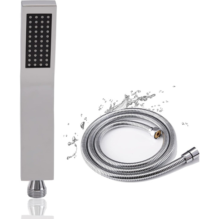 Showerhead with hose 1.5m, high-pressure handheld shower with hose, brass fixed showerhead with hose, water-saving showerhead with pressure boosting for higher water pressure, with 1 spray patterns (With hose (Square))