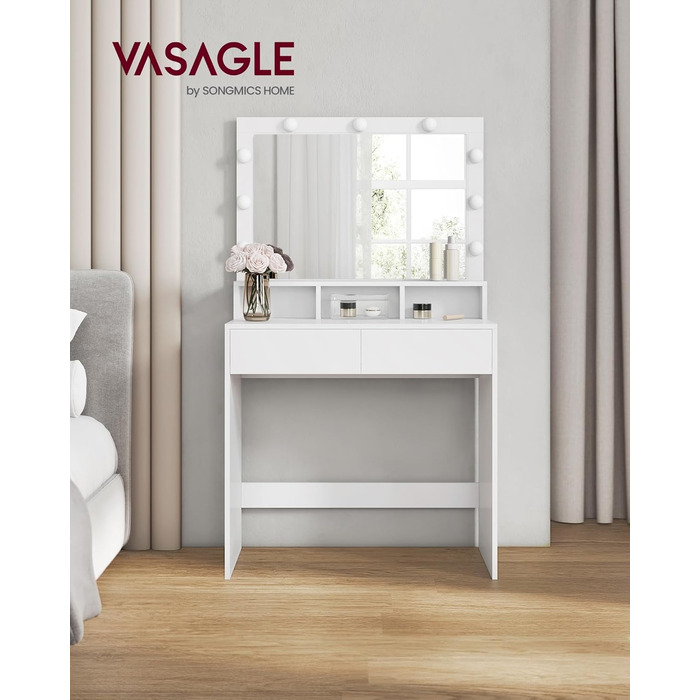 VASAGLE туалетний столик з LED-підсвіткою, регульована яскравість, дзеркало, 2 шухляди та 3 відкриті полиці, сучасний, білий