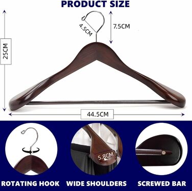 Amber Home 10-Piece 44.5cm Retro Wooden Clothes Hangers with Wide Shoulders (5.8cm), Robust and Glossy Antique Brown Hanger with Round Bar for Suit, Jacket, Coat, Shirt, Pants