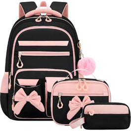 Шкільний рюкзак для дівчинки 3 в 1: рюкзак, ланч-бокс, пенал. Kawaii дизайн, 3-7 клас, антикрадійний, 24L (рожево-чорний)