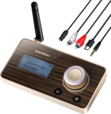 SOOMFON Bluetooth 5.2 Передавач/Приймач: Адаптер 3-в-1 для TV, Аудіосистеми, Навушників, Підтримка aptX LL & HD, Регулювання гучності, Dual Connection, Aux/Оптичний/RCA