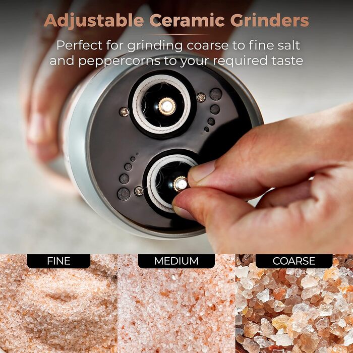 Електричні мельниці для солі та перцю Tower, працюють від батарейок, з регульованими керамічними жорнами, рожеві та рожеве золото T847004PNK (сірий)