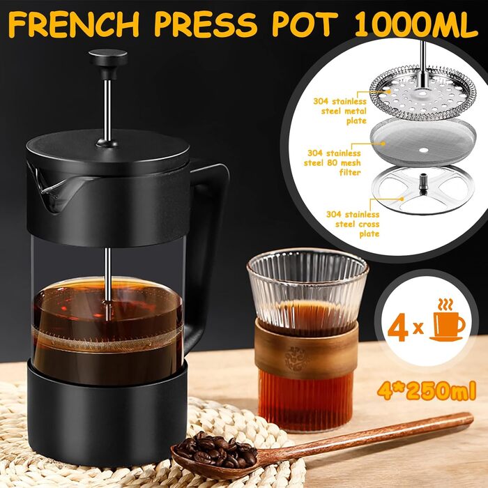Френч-прес для кави та чаю, 1000 мл, скло, нержавіюча сталь, з термостійким склом, з антиковзним м'яким ручками, для дому, подорожей, кемпінгу (чорний)