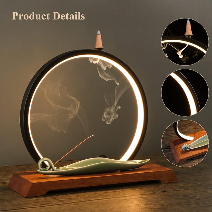 REAWOW Chinese Waterfall Incense Burner Incense Stick Holder with LED Light Incense Holder, Ceramic Incense Burner with 20 Incense Cones and 30 Sticks Incense