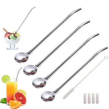 Багаторазові трубочки з нержавіючої сталі та ложки, набір 4 шт. з щіткою для чищення. Ідеально для кави, молочних коктейлів, смузі.