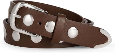 LEACOOLKEY Жіночий шкіряний ремінь для джинсів, шкіряний ремінь у стилі панк з пряжками, з шипами, розмір M (66-81см/82-91см), колір F-кава (срібна пряжка)