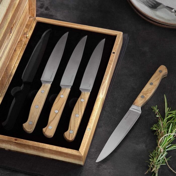 SPRINGLANE Steak Knife Set, 4 Pieces with Elegant Olive Wood Handles, Cutlery Set with Wooden Handles, 12.5 cm Blade Length Made of German Steel, including Gift Box