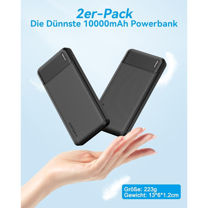 Power Bank AsperX 10000mAh 2 шт., Slim, USB-C, 4 порти, для iPhone, iPad, Huawei, Tablet, чорний+білий