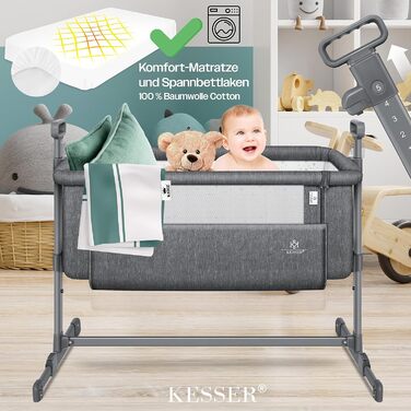KESSER® Hubi 3in1 Bedside Bed, Travel Bed, Baby Bed with Soft Mattress, Mobile Bed, 5-Level Height Adjustment, Foldable Side Rail for Home and On the Go, Dark Grey