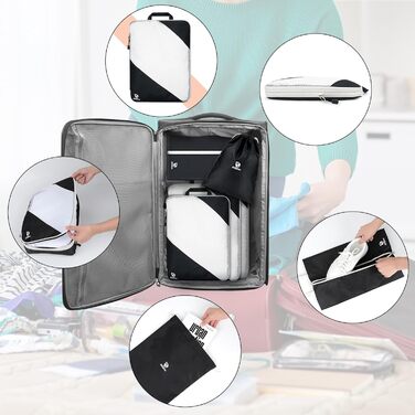 Органайзери для валіз AiQInu, 5 шт. - Набір для пакування з компресійними мішками, мішок для білизни та для взуття. Легкі, розширювані, для ручної поклажі (Чорний)