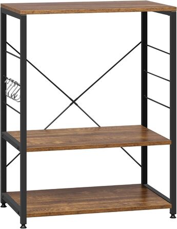 Kitchen Shelf, Microwave Shelf with 4 Hooks, Baking Shelf with 3 Tiers, Storage Shelf for Kitchen, Cafe, Living Room, Bathroom, 60 x 82 x 40 cm, Vintage Wood Look + Black