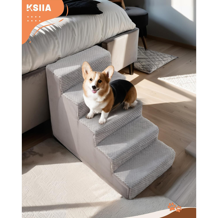 KSIIA Dog Stairs for Small Dogs 44cm High, Pet Stairs with Removable Washable Cover, Cat Stairs for Old Cats and Dogs, Non-Slip Dog Ramp Dog Stairs for Bed Sofa, Grey (5 steps (L75 x W40 x H55 cm))