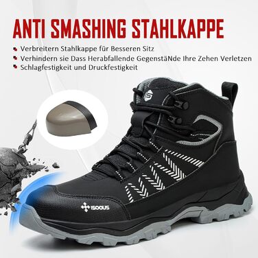 Чоловічі та жіночі робочі черевики ISOOUS з високим захистом, чорні, з металевим підноском, неслизькі, 43 EU