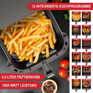 Фритюрниця ONBEST з великим оглядовим вікном та 12 програмами приготування – XL Airfryer об'ємом 6,5 л, 1600 Вт + 100 листів пергаментного паперу для випікання. Готування без олії для 2-5 осіб