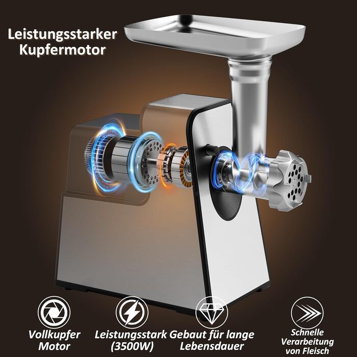 М'ясорубка електрична STANEW 4-в-1, 3500 Вт, 3 диски з нержавіючої сталі (4/8 мм, решітка), насадка для ковбас