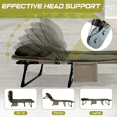 Розкладне ліжко для кемпінгу XXL - широке кемпінгове ліжко, розкладне ліжко, карпове ліжко з регульованою спинкою, ліжко для саду та відпочинку на відкритому повітрі (зелене)