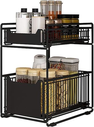 Under-Cabinet Organizer with 2 Tiers, Adjustable Height, with Wooden Handle, Pull-Out Metal Basket for Kitchen and Bathroom (Black)