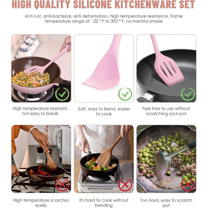 Набір кухонних аксесуарів з силікону, 12 шт., BPA-free, для антипригарного посуду, зелений (рожевий)