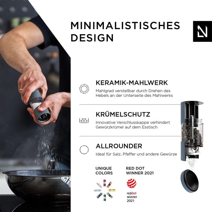 LARS NYSØM Salt and Pepper Mill Set made of Stainless Steel with Adjustable Ceramic Grinder - 2 Pieces | Manual Spice Mills with High-Quality Design (2 pcs) (Stone Blue)