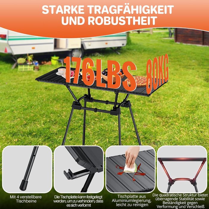 FUNYKICH Стіл для кемпінгу складний 82 x 40 см, регульована висота (44/70 см), легка збірка, портативний, з сітчастою кишенею, алюмінієва поверхня, для барбекю, кемпінгу, вечірок, саду (89 x 40 x 51/63/67/71 см)