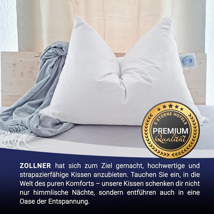 ZOLLNER 2-Pack Deluxe Down Pillow Set - Made in Germany – Suitable for Allergy Sufferers – Cover made of high-quality Mako cotton - washable up to 60°C - 80x80 cm - Hotel quality 80 x 80 cm 2-pack
