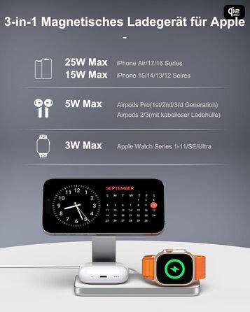 Бездротовий зарядний пристрій 25W MagSafe 3-в-1, складна станція для iPhone 17e/17/16/15/14/13/12/Air, Apple Watch та AirPods Pro (Білий)