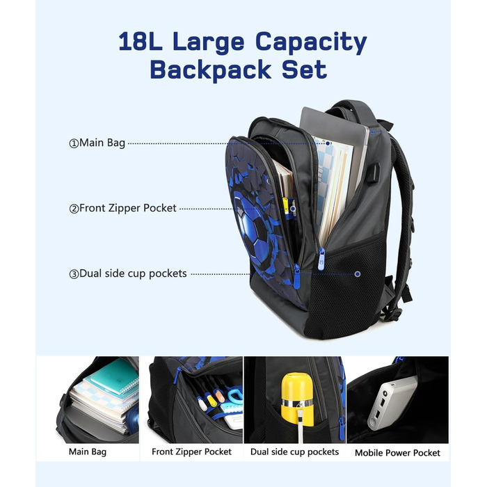 Дитячий рюкзак Cusangel для дівчаток та хлопчиків, ергономічний, регульований, водостійкий, з нагрудним ременем (футбольний, чорний)