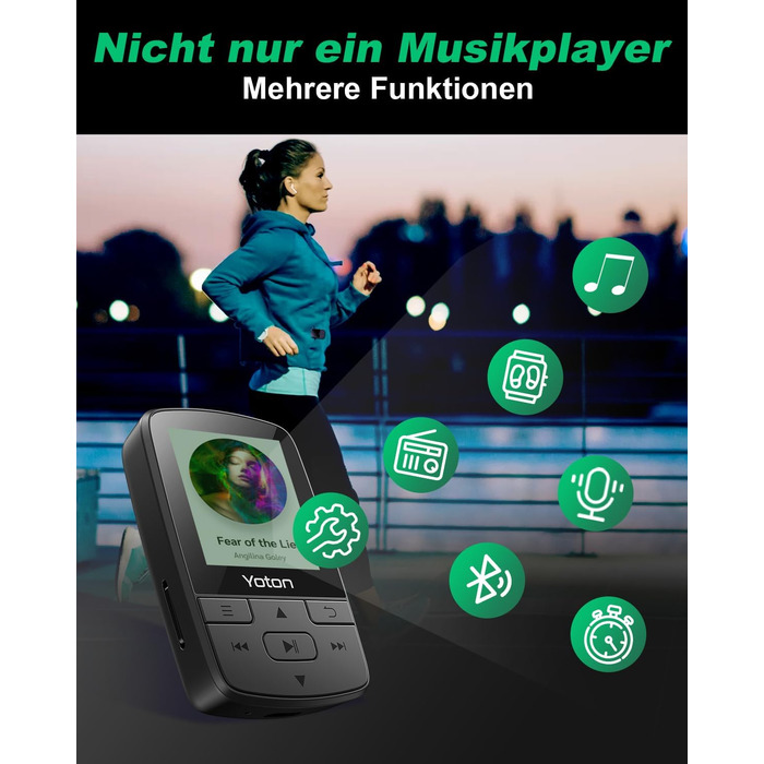 MP3-плеєр YOTON з Bluetooth 5.2, Hi-Fi звук, FM-радіо, диктофон, регулятор гучності, навушники, підтримка SD до 128 ГБ (Чорний)