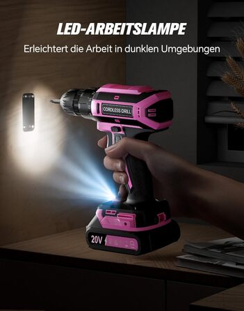 Акумуляторний шурупокрут-дрель 20V, 56 шт. у наборі, 42Nm, LED-підсвітка, рожевий, для дому та майстерні