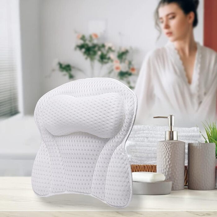 Penelife Bathtub Pillow with 6 Suction Cups - Ergonomic Bath Pillow with 4D Air Mesh Technology - Neck Pillow for Optimal Relaxation - White Bathtub Cushion