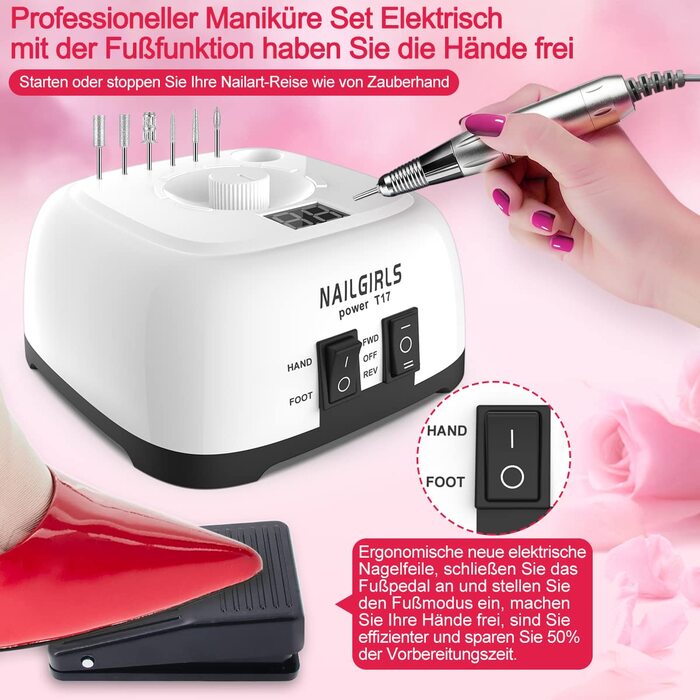 Електричний фрезер для нігтів NAILGIRLS 11 в 1 з педалем, 35000 об/хв - манікюр та педикюр