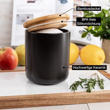 Керамічна банка Moritz & Moritz 600 мл з бамбуковою кришкою, чорна, для зберігання сипучих продуктів, кави, мюслі або ванних аксесуарів, з можливістю підпису