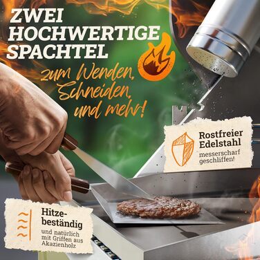 Набір для приготування Smash Burger XXL [9 предметів] з нержавіючої сталі з дерев'яними ручками для Plancha, гриль-плити, газового гриля та вогняної чаші | 1x прес для бургера, 2x формочки для бургера, 1x шпатель для гриля, 1x лопатка для гриля та інше | 