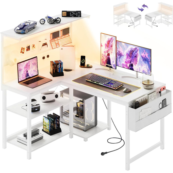 Ігровий кутовий стіл L-подібний YOUDENOVA з LED-підсвіткою, розеткою, полицями та перфорованою панеллю, 120x80 см, білий