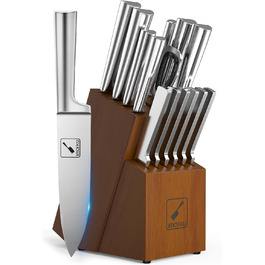 IMARKU 15-Piece Japanese Stainless Steel Knife Set with Block - Professional Kitchen Knife Set with Sharpener & Cleaning Block