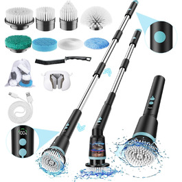 Electric Cleaning Brush, 12-in-1 Electric Spin Scrubber Cordless with 8 Replaceable Brush Heads, Electric Scrub Brush with Adjustable Handle for Bathroom, Kitchen, Tiles, Floors, Car (White) (12 IN 1 with Remote Control, Black)