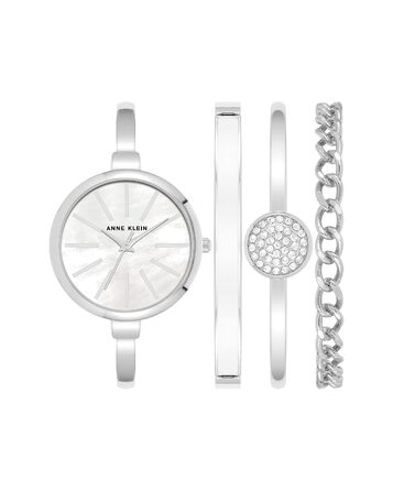 Жіночий набір Anne Klein: годинник-браслет та комплект браслетів, сріблястий/білий