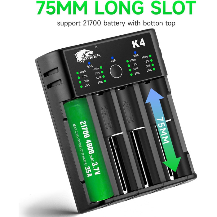 Зарядний пристрій IMREN 18650 з 4 слотами, 2A, USB-C для Li-Ion акумуляторів 18350, 14500, 14650, 17500, 18700, 20700, 21700, 22650, 26650, 1.2V NI-MH/NI-Cd AA AAA C