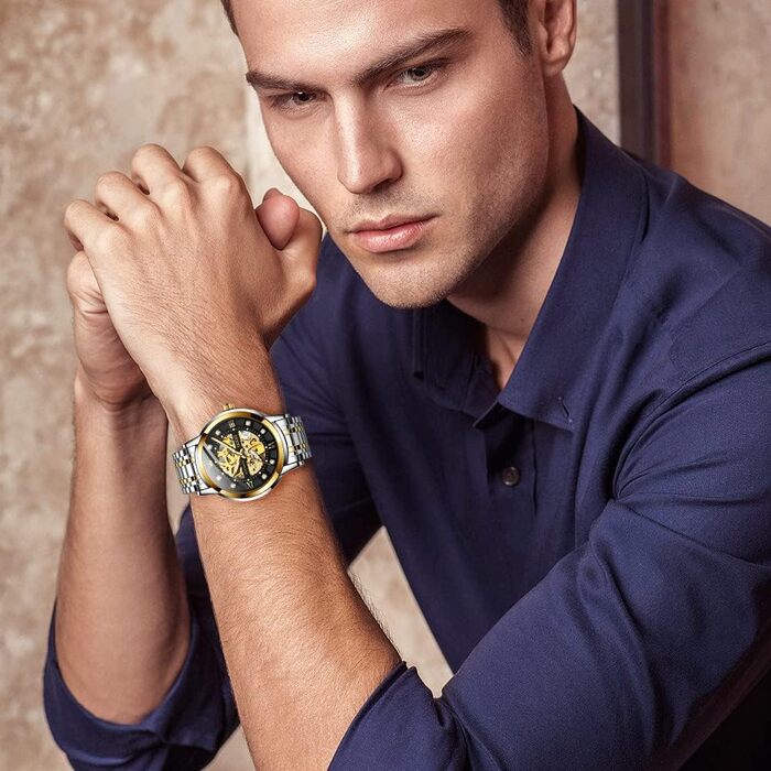 Чоловічий механічний годинник OLEVS Gold Skeleton з автопідзаводом, розкішний сталевий корпус з діамантами, водонепроникний, сріблясто-золотий з чорним циферблатом