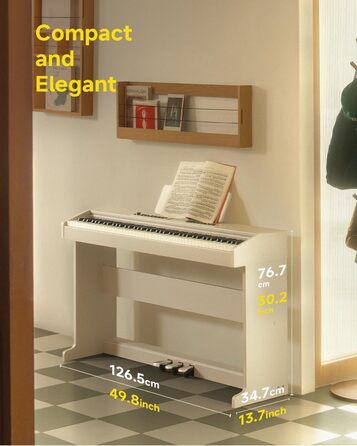 Цифрове піаніно Donner DDP-95 для початківців з 88 важними клавішами, бездротове підключення, LCD дисплей, 610 тембрів, 600 ритмів, 3 навчальні режими, біле