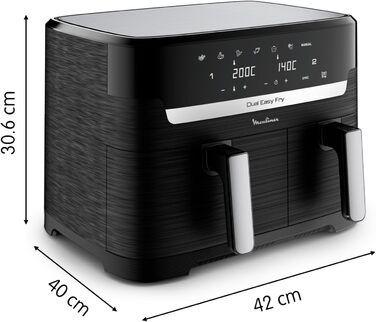 Аерофритюрниця Moulinex Dual Easy Fry 8,3 л, 7 програм, енергозбереження до 70%, подвійна чаша 5,2 л + 3,1 л, цифрове керування, книга рецептів, підходить для миття в посудомийній машині