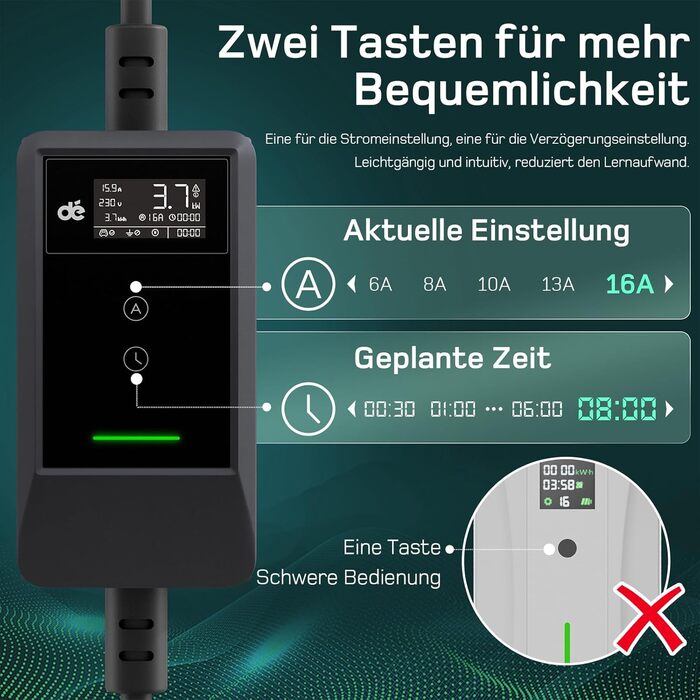 Кабель для зарядки електромобіля Type 2 Schuko 3,7kW (6-16A, 1-фазний) з LCD-дисплеєм, 5,5м, чорний