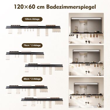 Дзеркало для ванної кімнати SONNI з підсвічуванням 60x40 см, LED, IP44, білий. Розміри: 120x60 см, темно-сірий + верхнє світло
