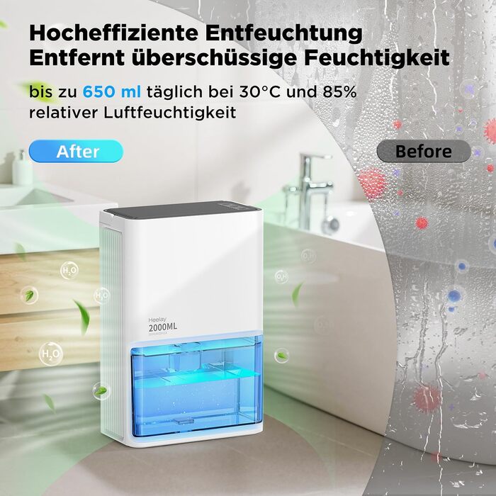 Електричний осушувач повітря тихий Pro-2000ml, 2000 мл, до 650 мл/день, для спальні, ванної кімнати, дому, білий