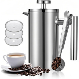 Make a French Press Coffee Maker, 1500 ml large insulated Cafetiere, double-walled insulated stainless steel, 3-stage filter system, French press for home, camping and office, Silver (1000 ml)